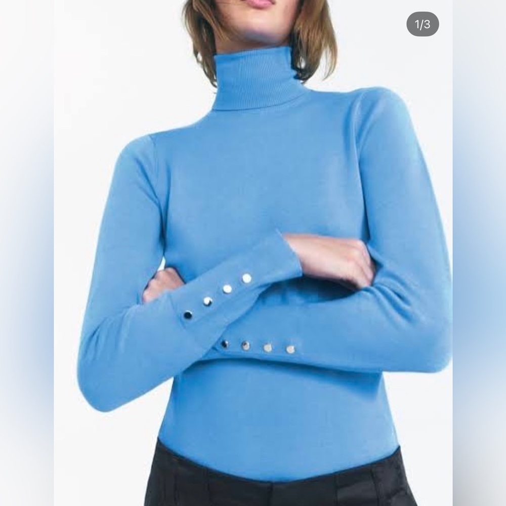 NWT ZARA Turtle Neck M Knit Modest blue Sweater Long Sleeve with Buttons